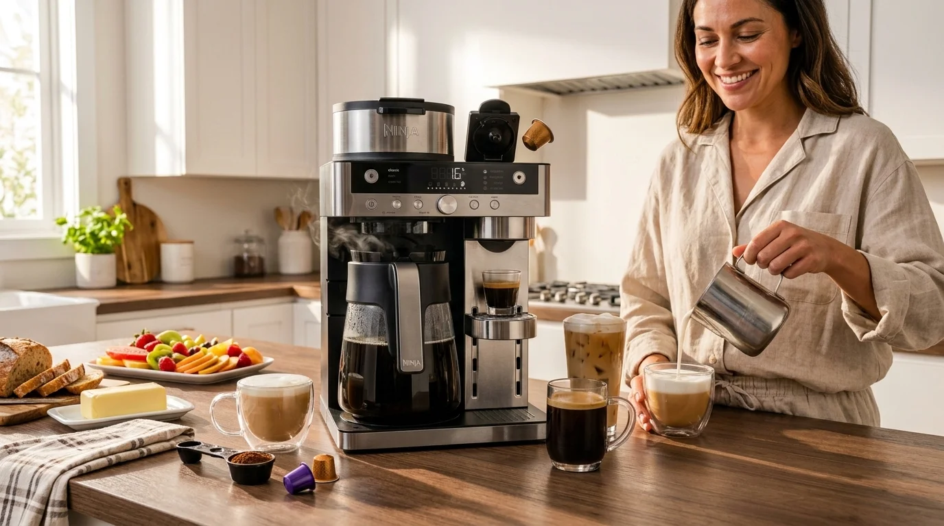 Cafetera 2 en 1 Ninja Prestige con jarra de goteo — Espumador de leche abatible para microespuma de barista