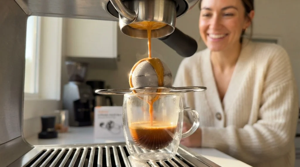 Bolas enfriadoras de espresso de acero inoxidable con soporte sobre taza de cafe