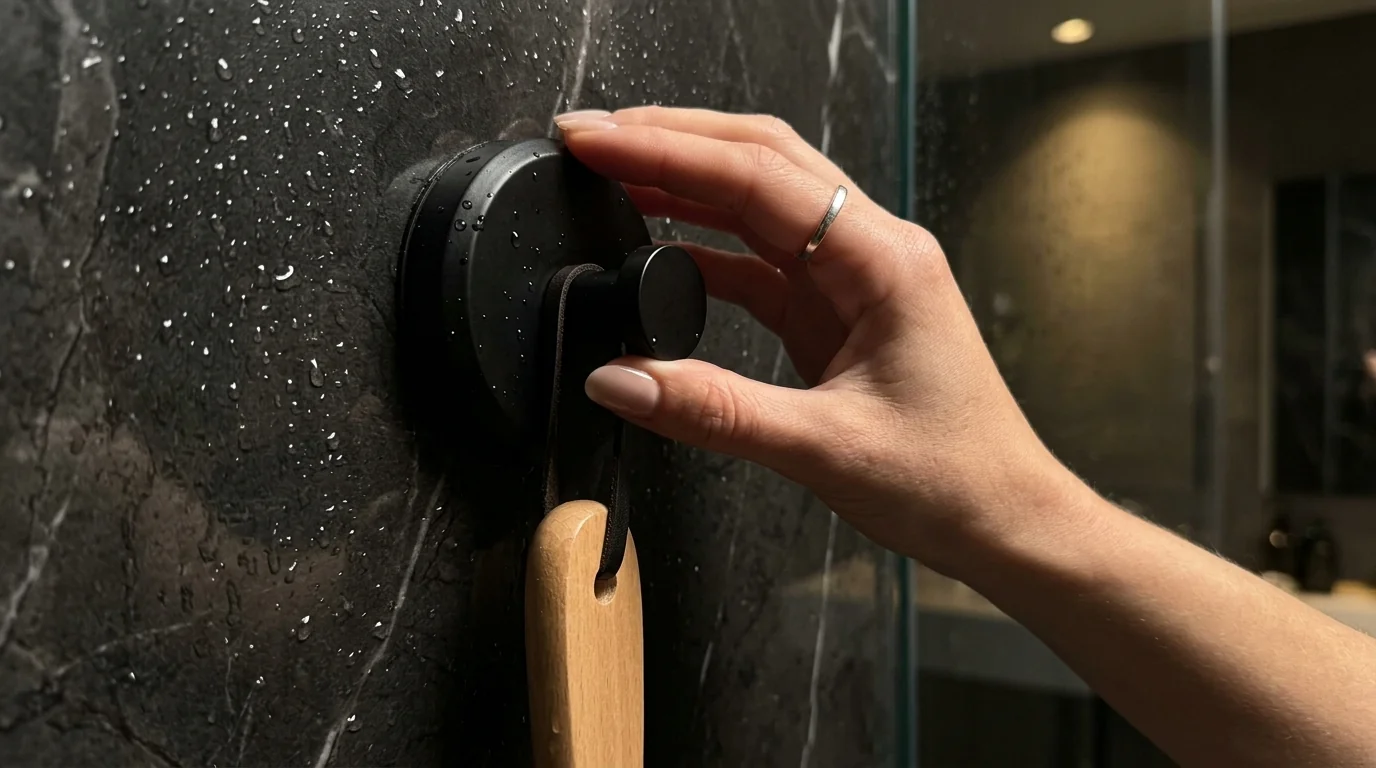 Gancho de ventosa negro mate HOME SO con bloqueo por rosca instalado sobre azulejo limpio