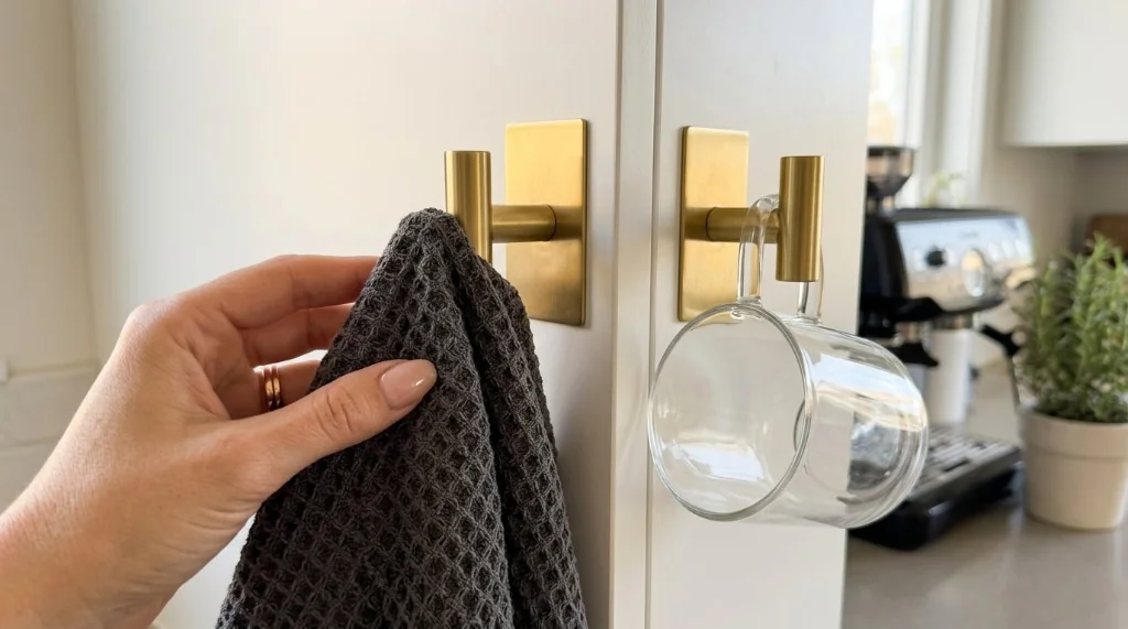 Ganchos adhesivos y barra toallero en acero oro cepillado colocados en lateral de armario de cocina