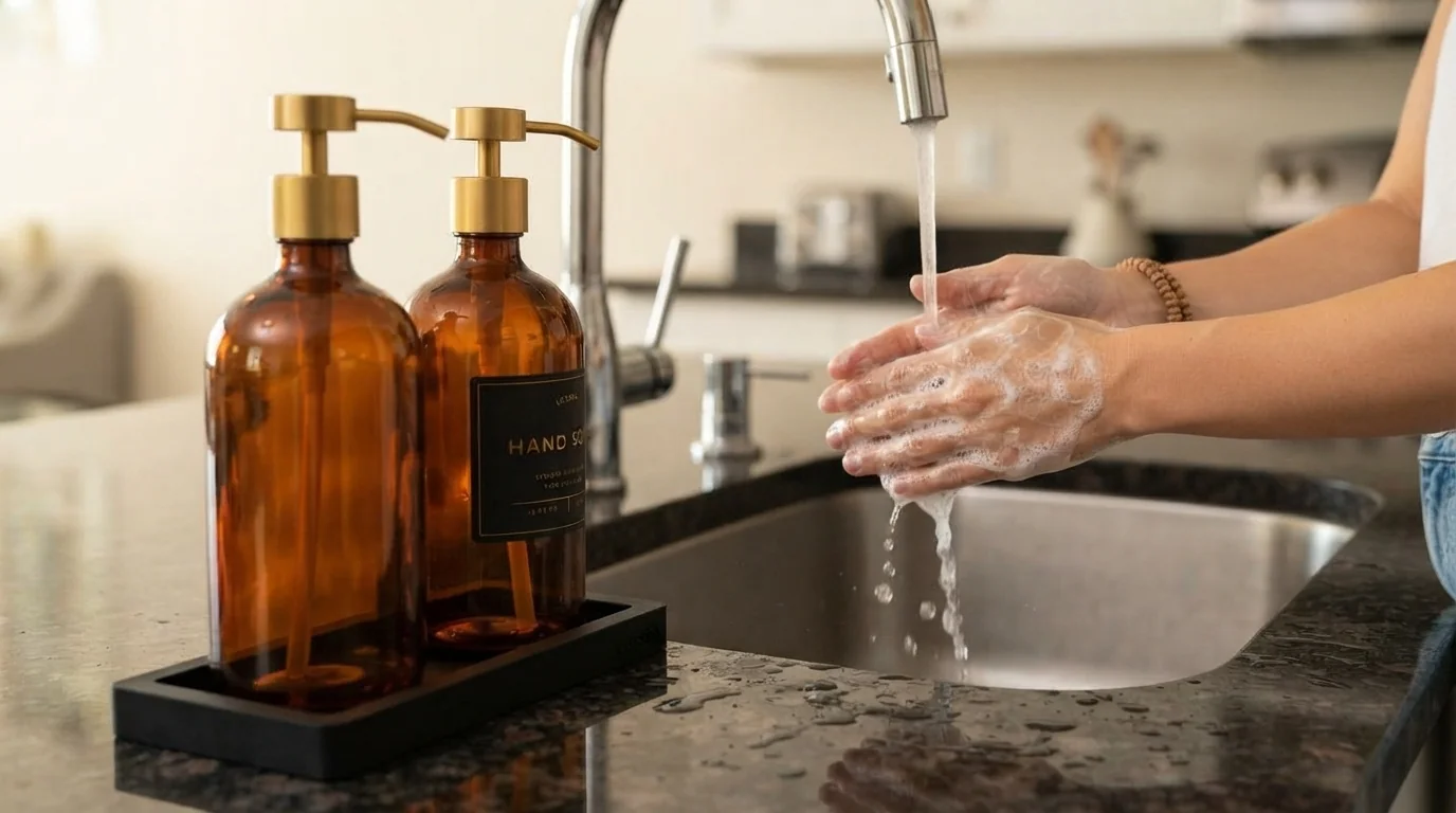 LUSSPA dosificadores jabon liquido cristal ambar bomba dorada bandeja silicona
