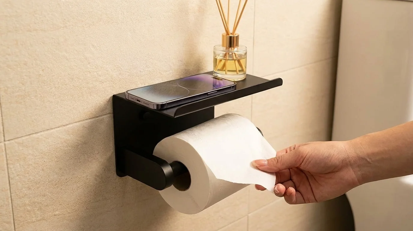 SetSail portarrollos papel higienico con estante acero inoxidable negro mate bano